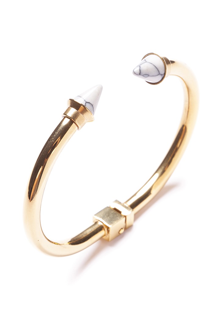 Sharp Point Double Spike Cuff Bracelet with White Marble
