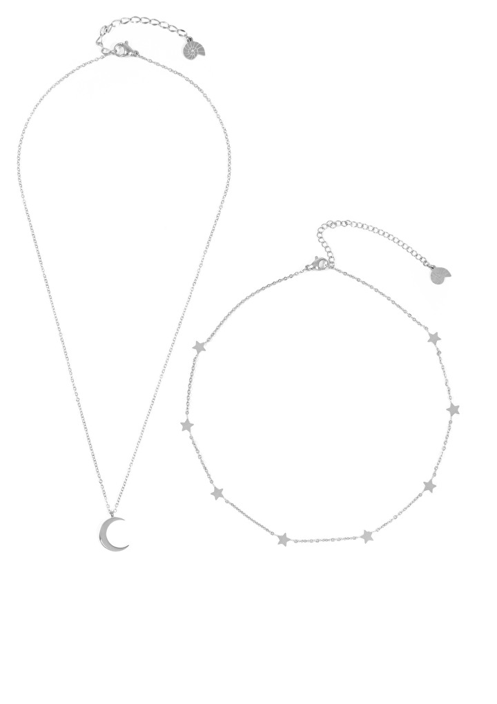 Silver Crescent Moon and Star Chain Necklace